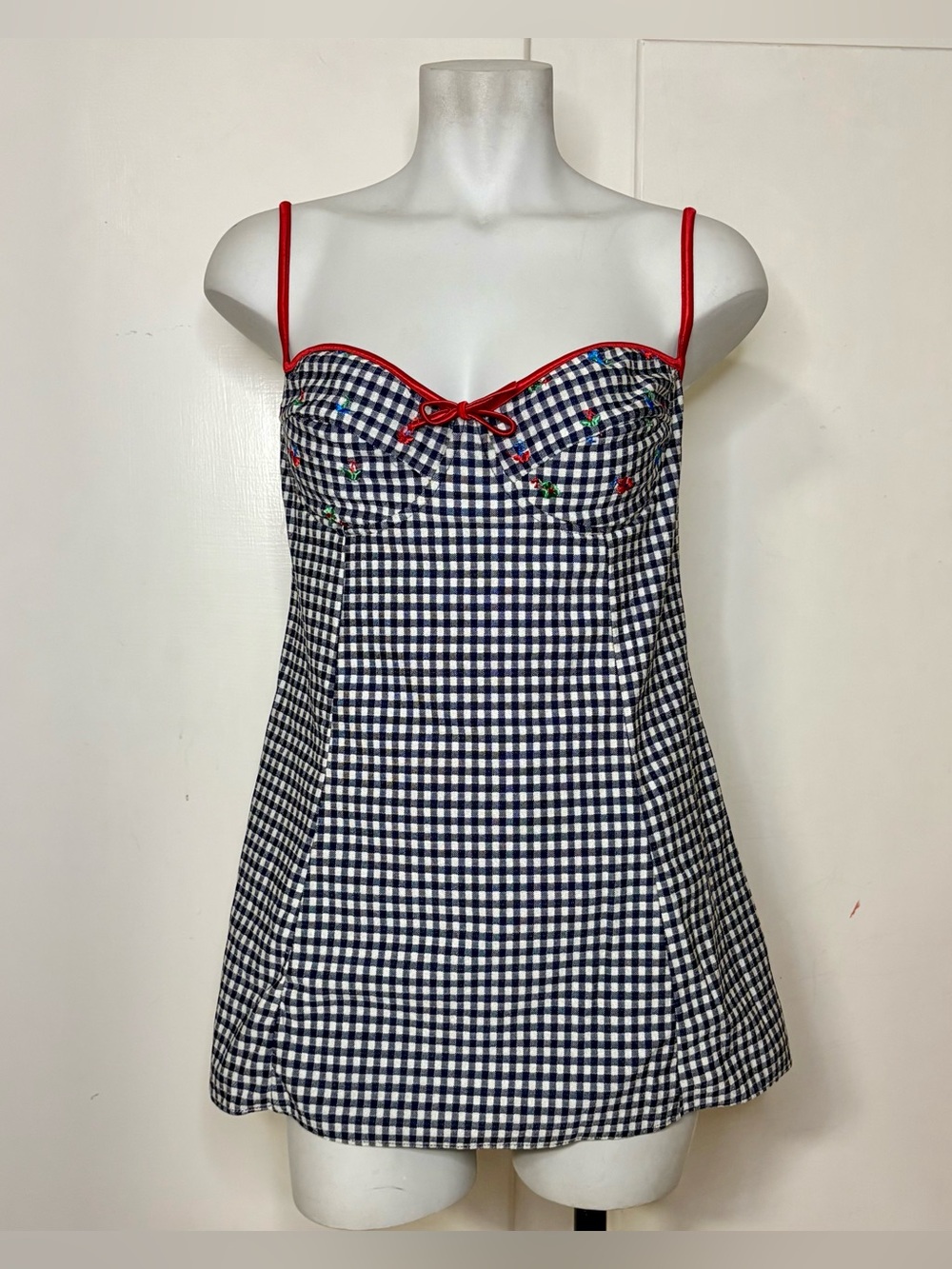 Vintage 90s Cazinni Navy Gingham Floral Embroidered One Piece Swim Dress